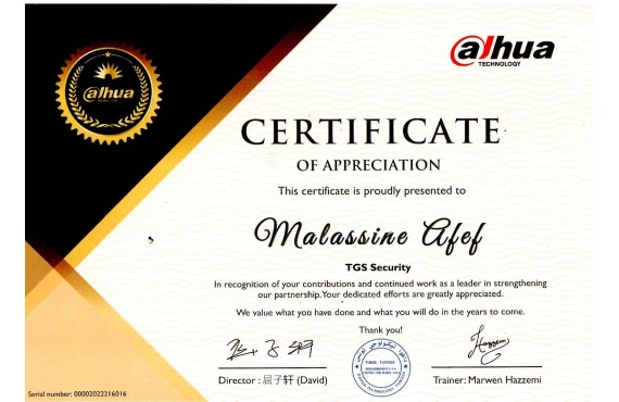 CERTIFICATE OF APPRECIATION FROM DAHUA 